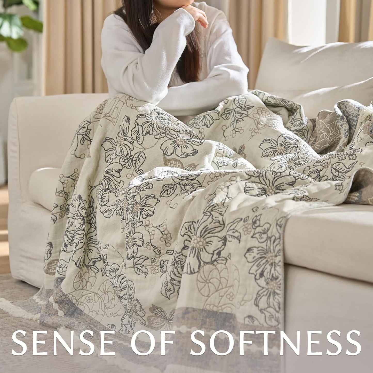jinchan Boho Floral 100% Cotton Blanket 4-Layer Throw Blanket with Tassel Grey and White Flower