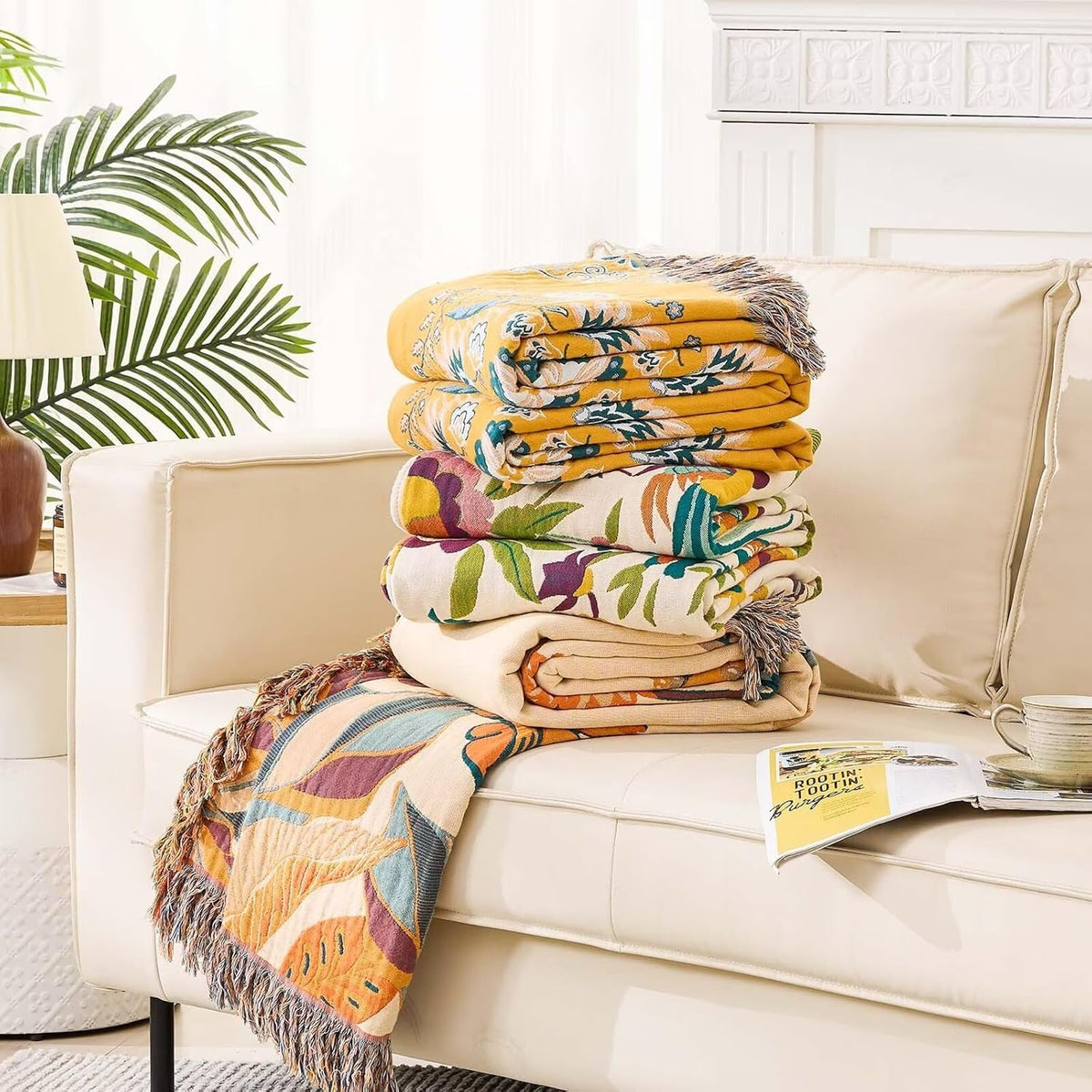 Boho Throw Blanket for Bed, 100% Cotton Soft Rustic Quilt Fall Blanket, 80" 90" Floral Printed