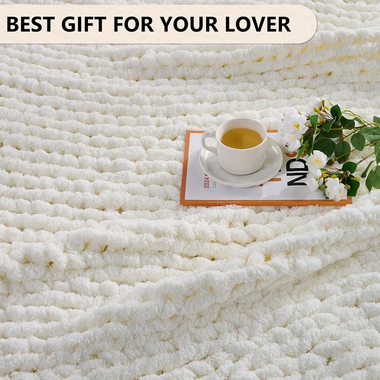 L'AGRATY Chunky Knit Blanket Throw: 72''x84'' Chenille Chunky Knitted Throw Blanket for Bed Couch