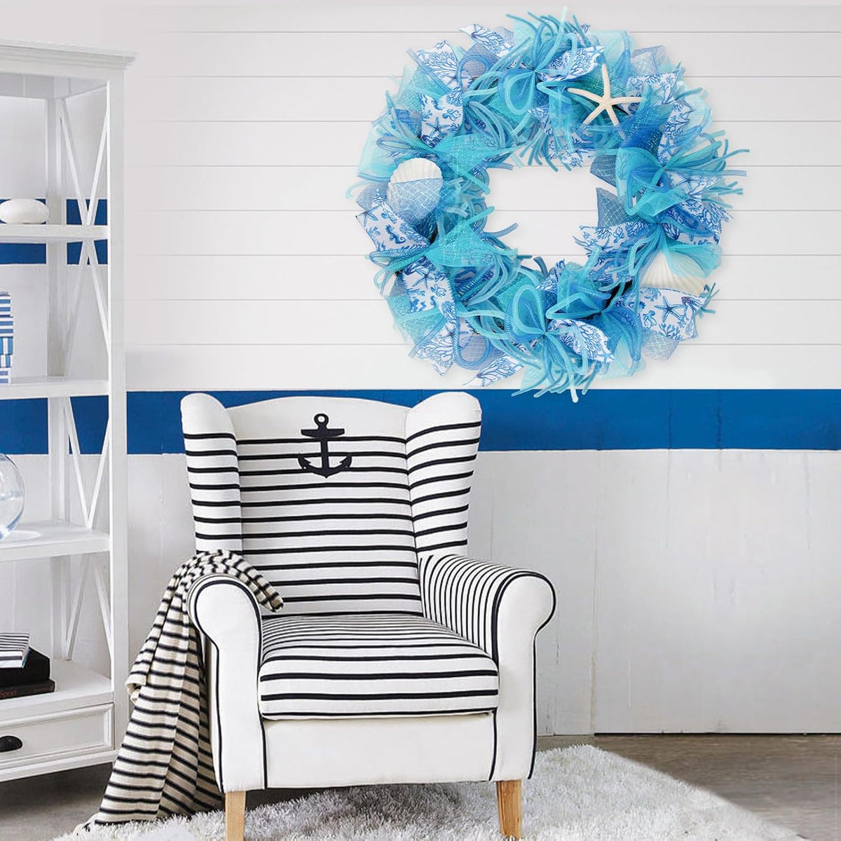 24 Inch Coastal Seashell Large Wreath with Natural Starfish & Scallops Shell, Blue Beach Style