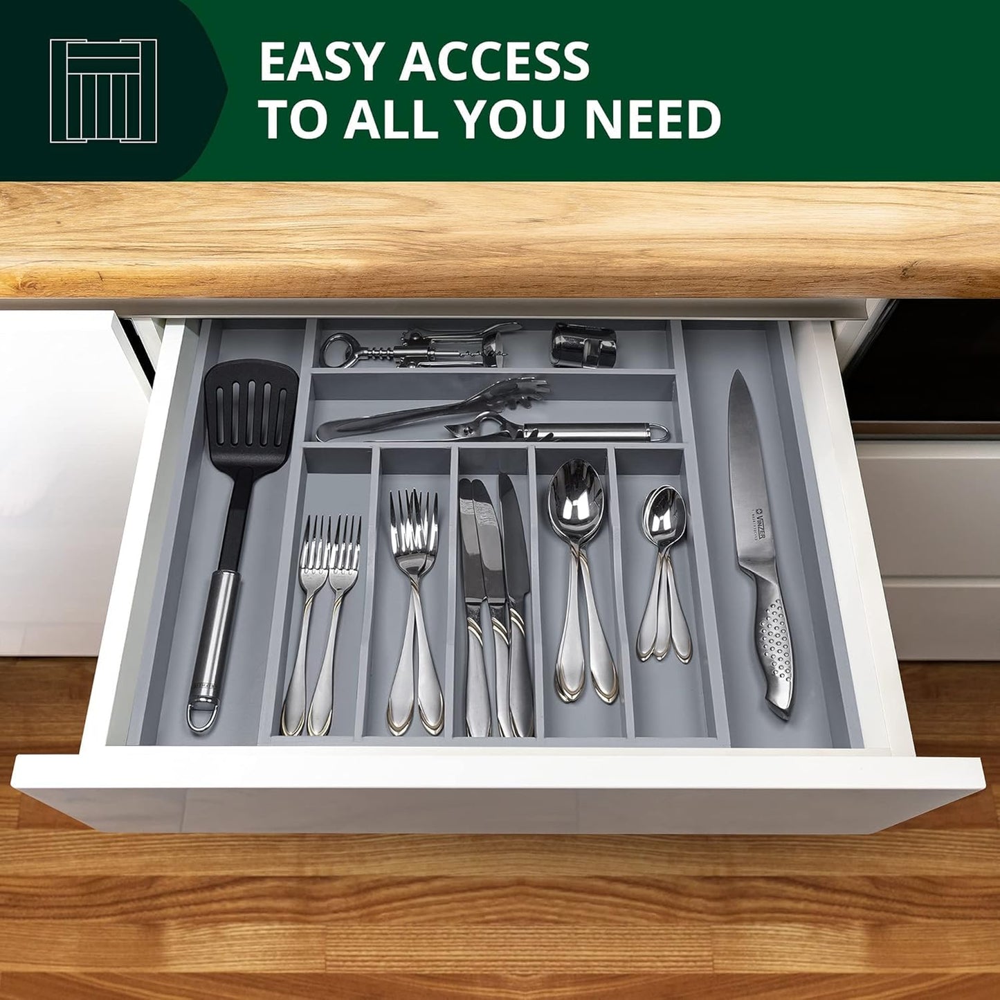 Luxury Bamboo Kitchen Drawer Organizer - Silverware Organizer - Utensil Holder and Cutlery Tray