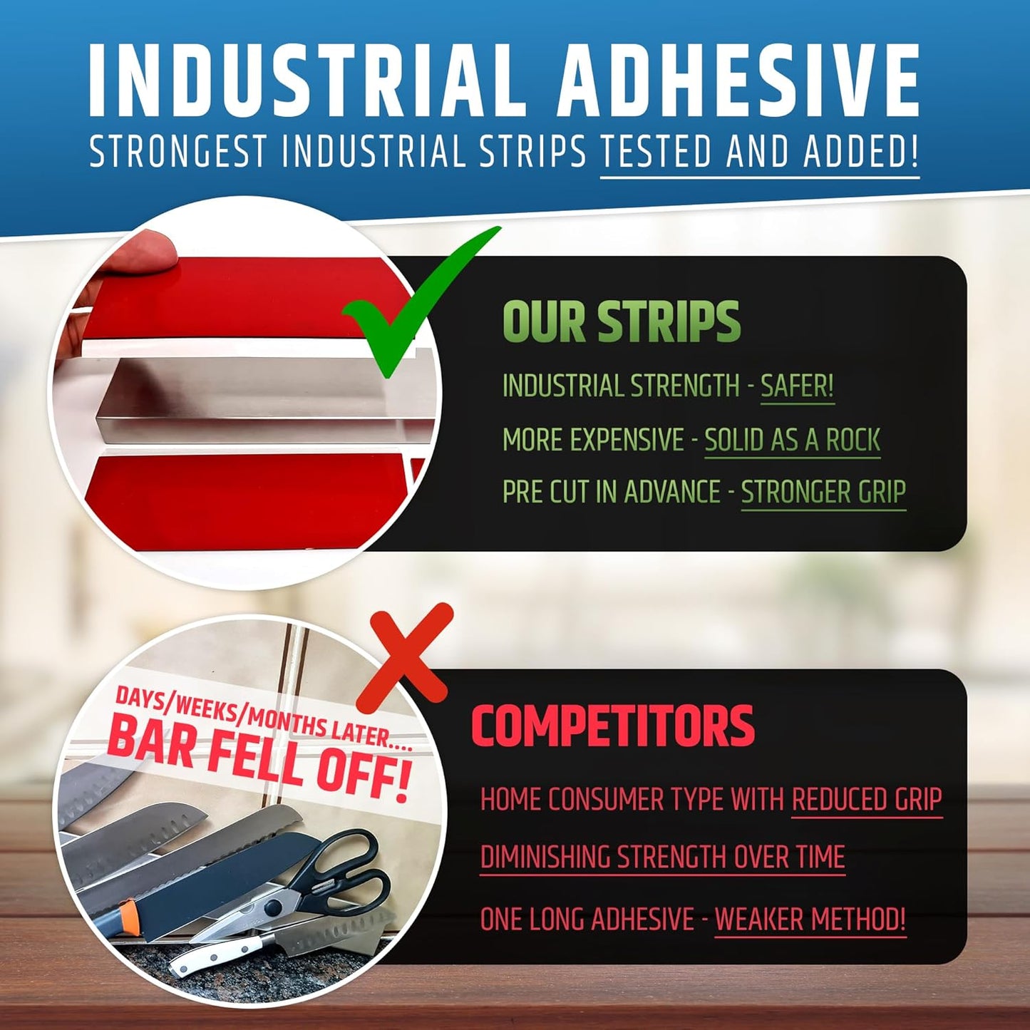 Strong Adhesive (No Drill) Magnetic Knife Holder for Wall - Professional 17 Inch Knife Strip - No
