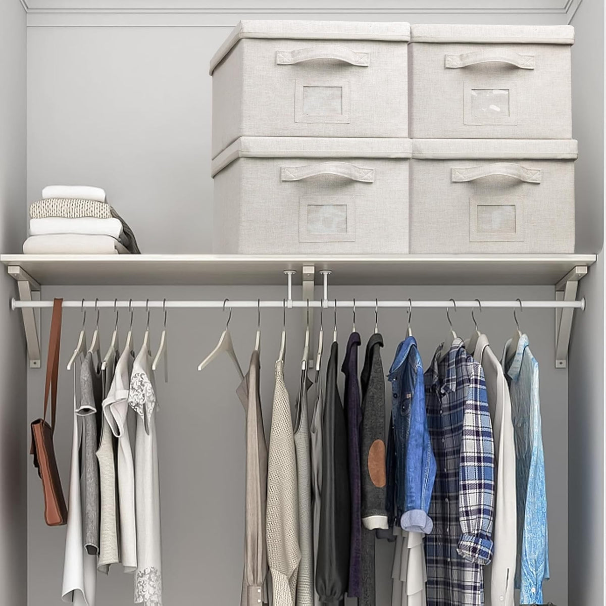 Large 17''x12'' Quart Collapsible Stackable Storage Bins with Lids, 4 Packs Off White Fabric Closet