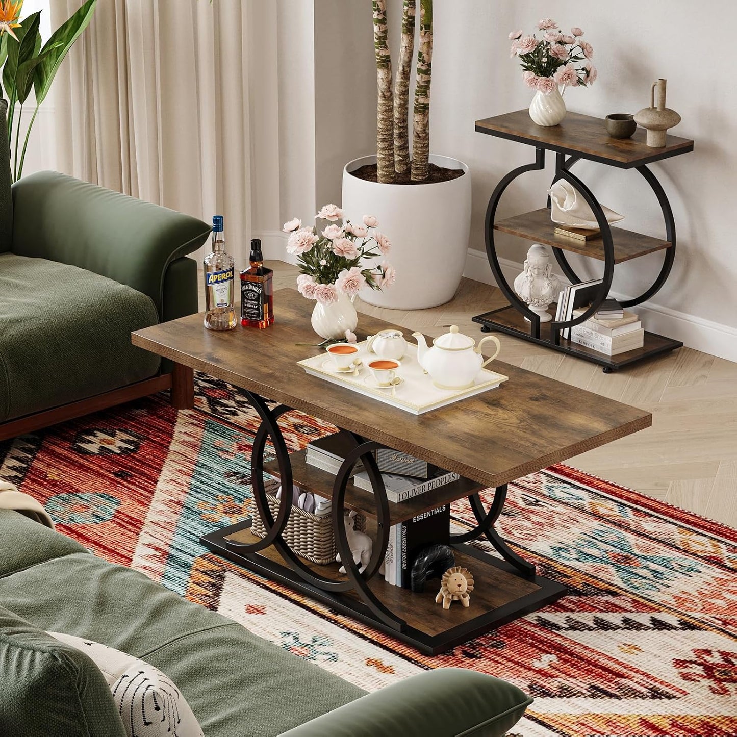 GiftGo Rustic Coffee Table with Storage Industrial 3 Tier Center Living Room Table Farmhouse Wooden