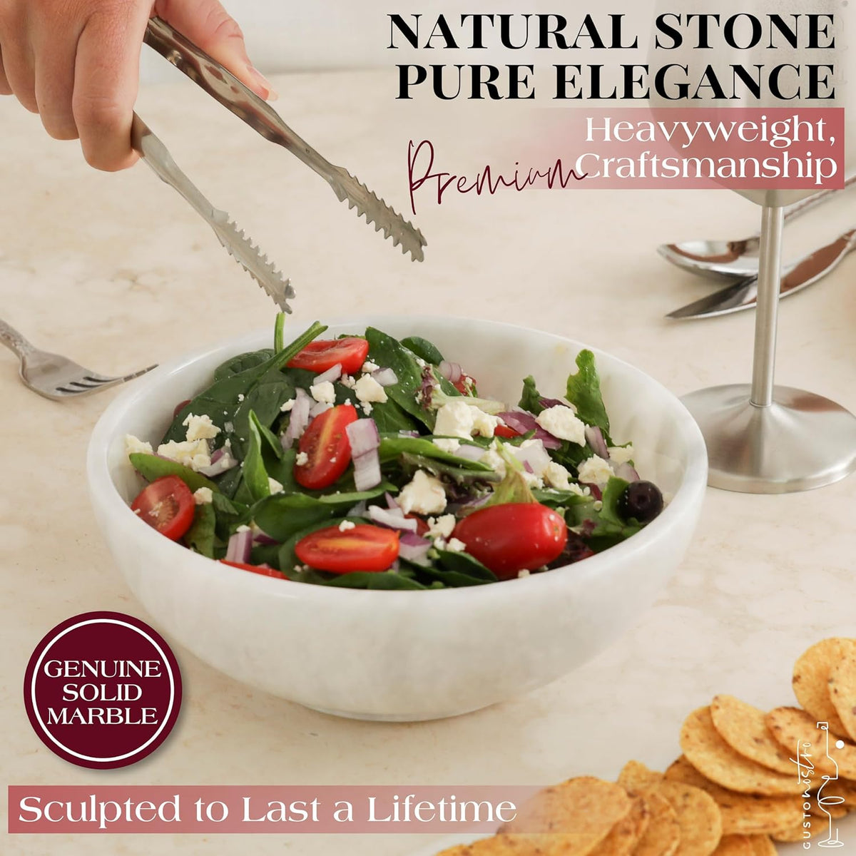 Gusto Nostro 8" Luxury White Marble Decorative Bowl for Coffee Table - Elegant Modern Fruit Bowl