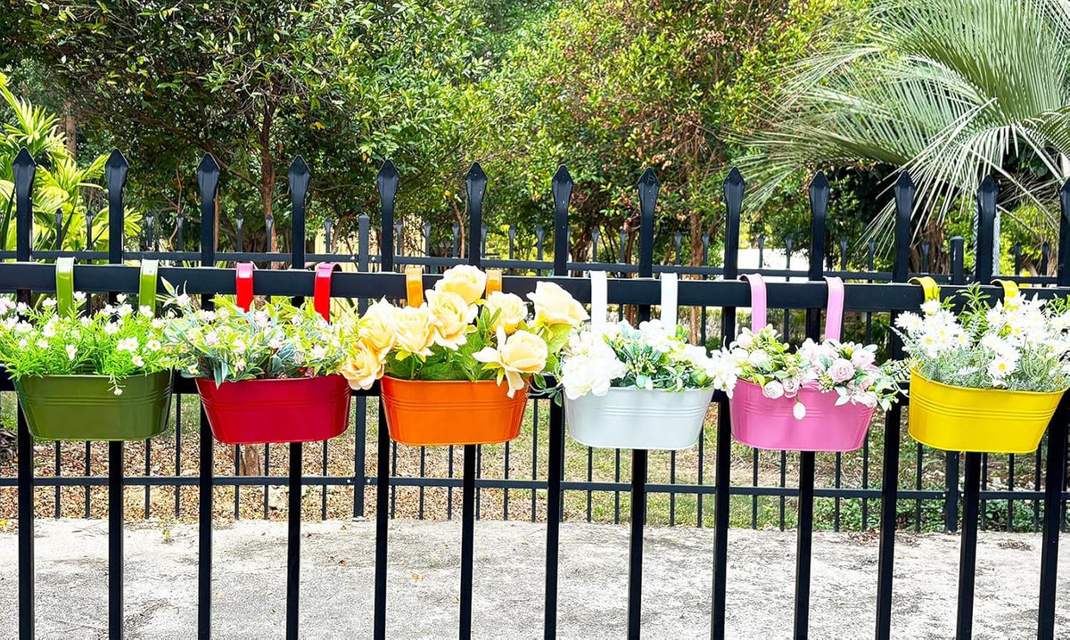 6 Pcs Railing Planter, 10" Metal Hanging Flower Pots for Outdoor Balcony Rails, Fence Pot Hanging