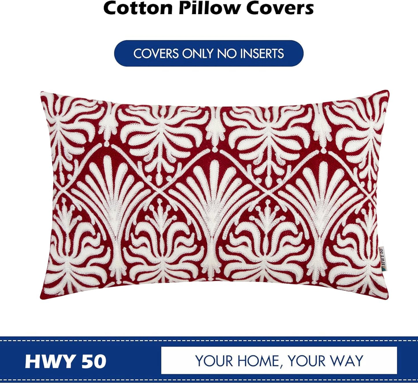 HWY 50 Burgundy Red Decorative Lumbar Pillow Cover Rectangle 12x20 Inch (1 Piece), Embroidered