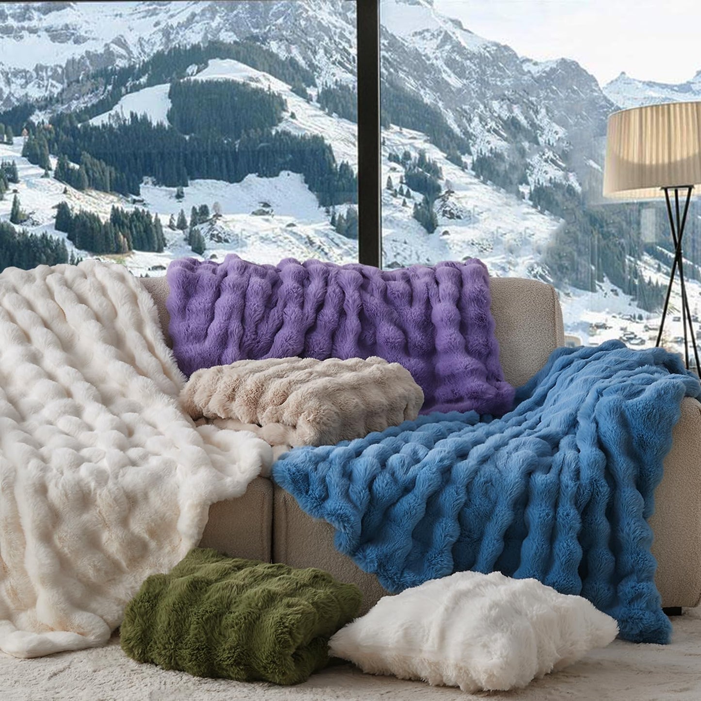 Lotus Karen Faux Fur Throw Blanket Purple - Big Bubble Rabbit Fluff King Blankets for The
