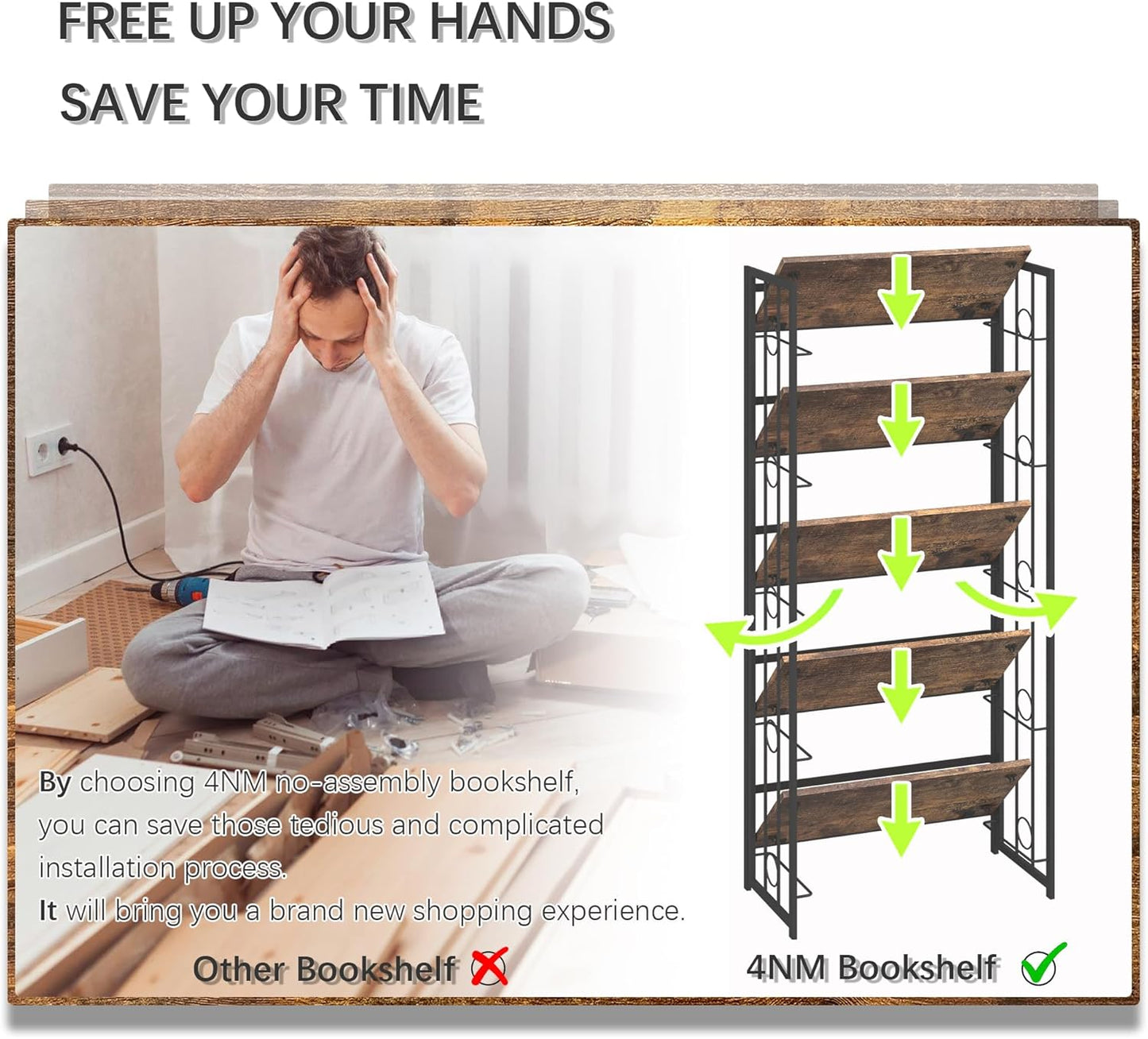 4NM No Assembly 5 Tiers Folding Bookshelf, 59.4" H Foldable Storage Shelves Vintage Bookcase