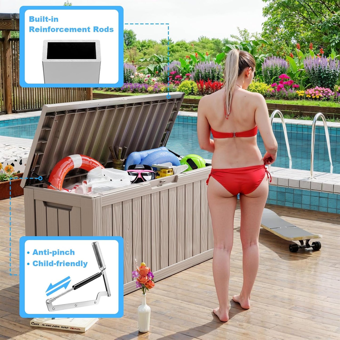 Vixzen 80 Gallon Resin Deck Box, Lockable Outdoor Storage Box for Patio Cushions Storage