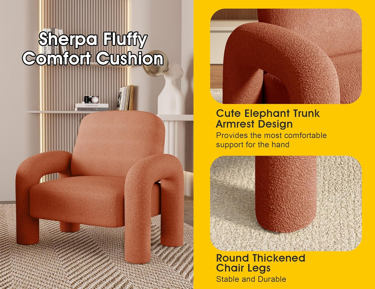 Modern Sherpa Accent Chair, Teddy Upholstered Arm Single Sofa, Cozy Fluffy Reading Chair for Living