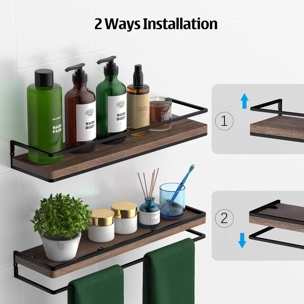 Meangood Floating Shelves Wall Mounted Set of 2, Rustic Wood Wall Storage Shelves for