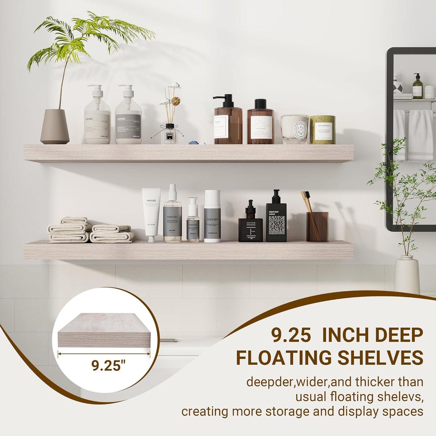 36 Inch Floating Shelves, 3D Textured Wood Grain, 36"x9.25"x1.5" Inch Deep Floating Shelves for