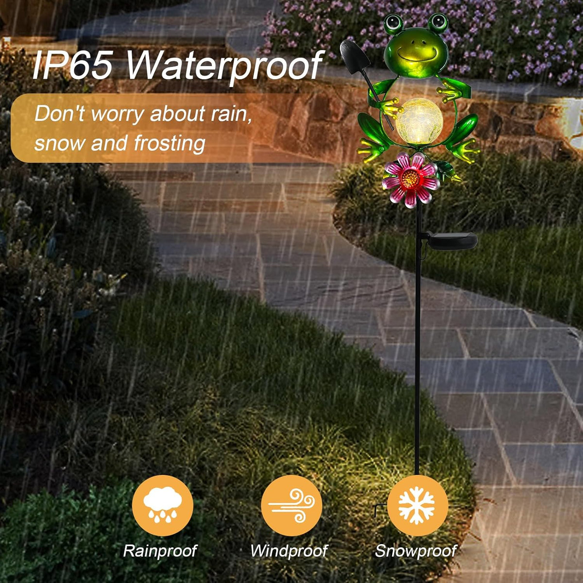 Afirst Solar Lights Outdoor Decorative Metal Frog Crackle Glass Globe Warm White LED Metal