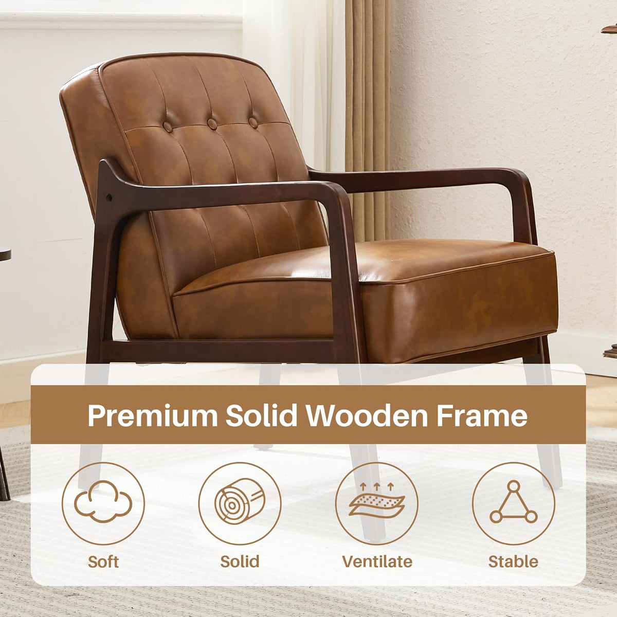 Faux Leather Accent Chair, Mid Century Modern Chair for Living Room, Upholstered Comfy Lounge