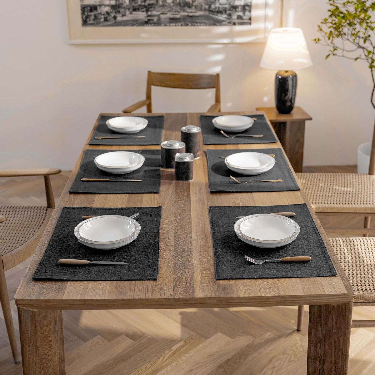 Demetex Cloth Placemats Set of 6 Black Stain Resistant Place Mats Oil Proof Washable Plate Mats for