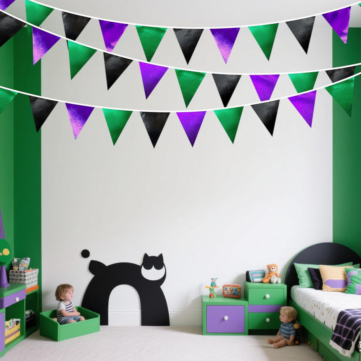 Black Purple Green Party Decorations Metallic Fabric Triangle Pennant Banner Flag Bunting for Boys