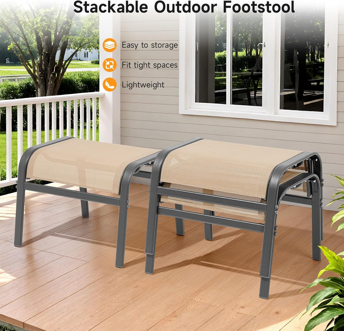Outdoor Ottoman Set of 2, All Weather Outdoor Foot Stool with Supportive Textliene and Metal Frame