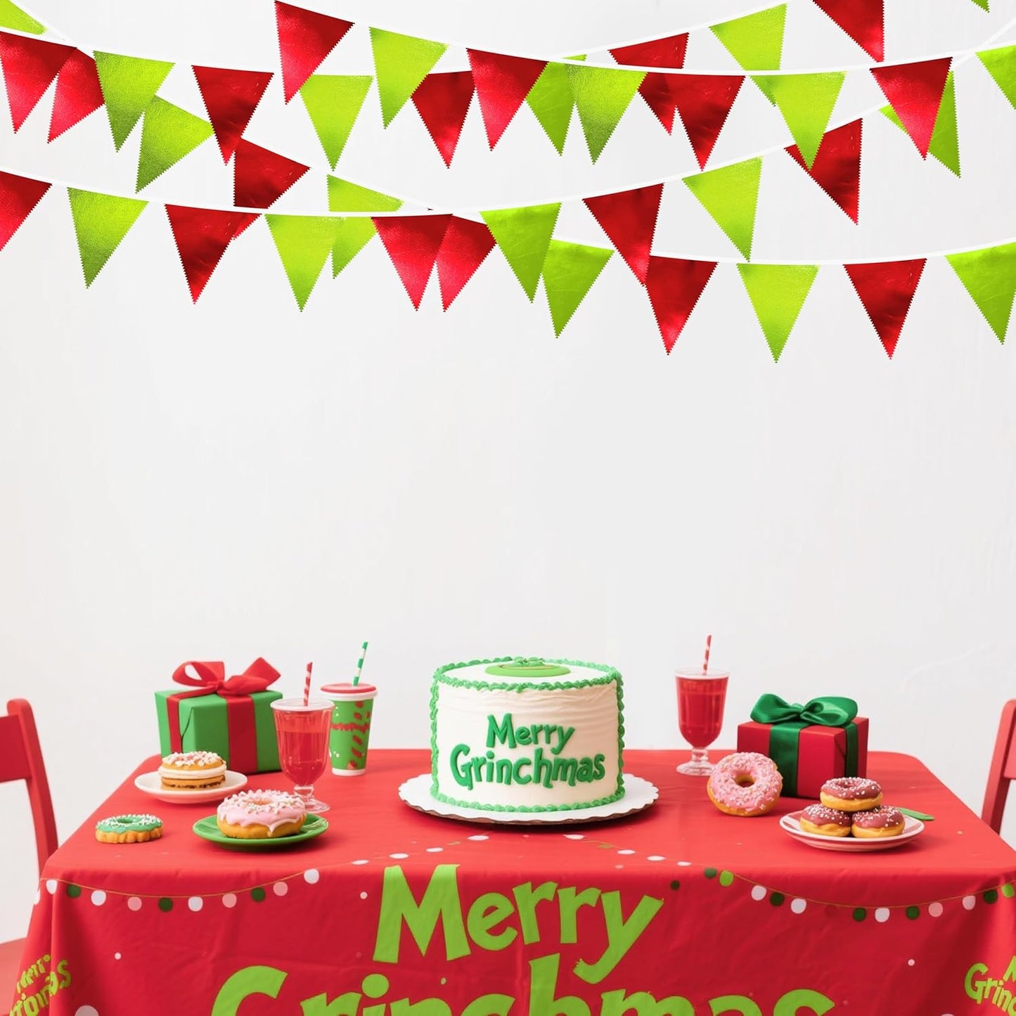 Red and Green Metallic Fabric Triangle Pennant Banner Flag Bunting Garland for Merry Grinchmas
