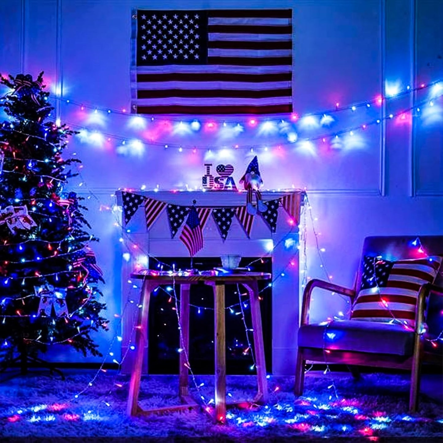 EEW 2 Pack 200 LED Red White and Blue Solar String Lights Outdoor Waterproof, Solar Powered LED