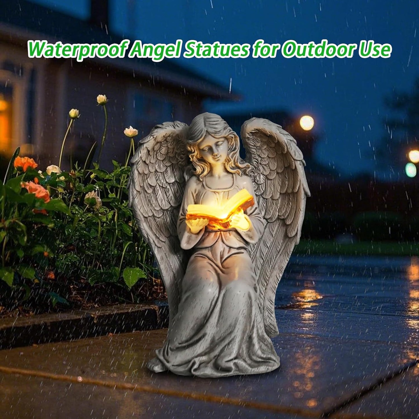 Angel Statue Outdoor Decor, Elegant Angel Garden Statues Reading Book with Solar LED Lights Yard