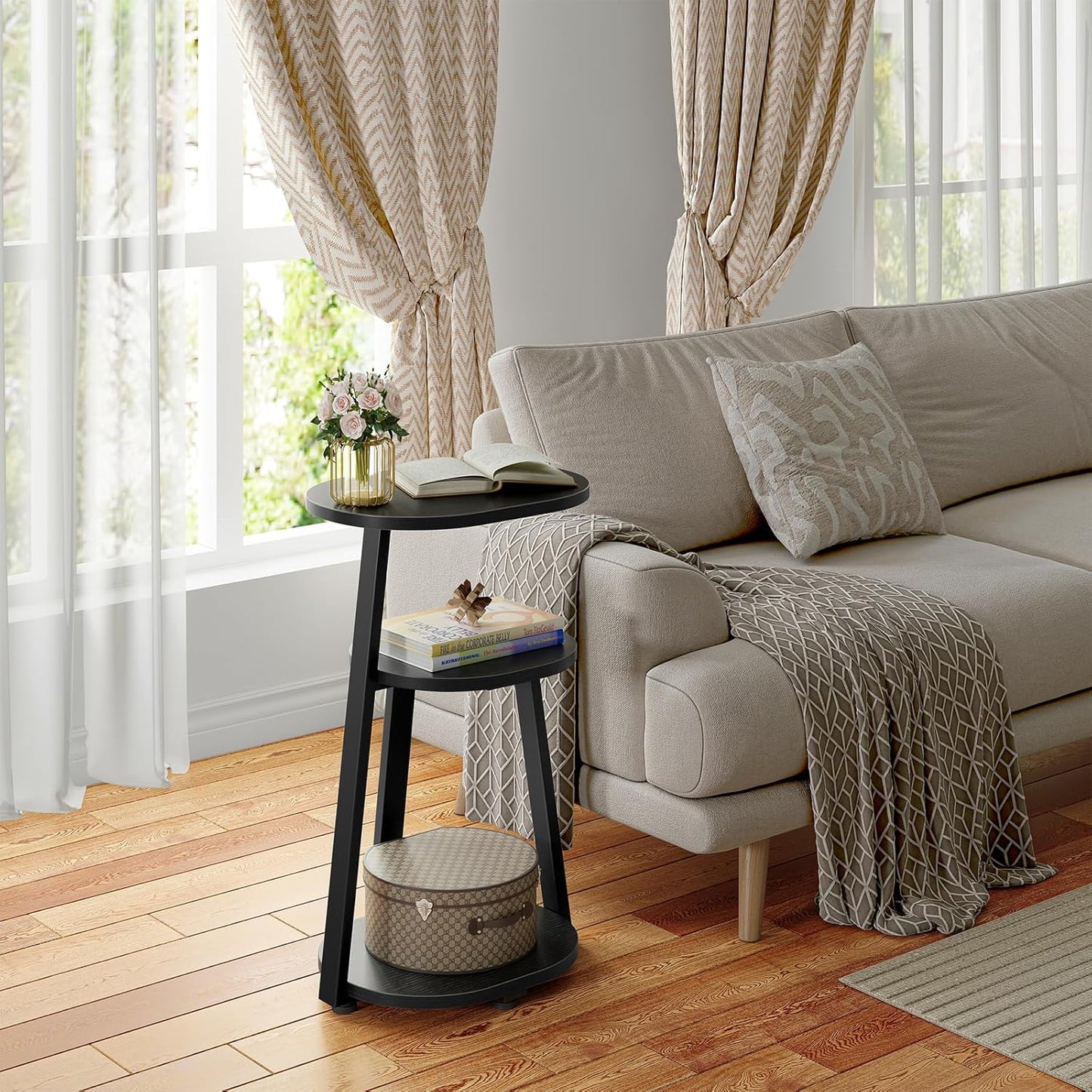 Side Table, Small End Table with Metal Frame, 3-Tier Bedside Tables, Round Side Tables for Living