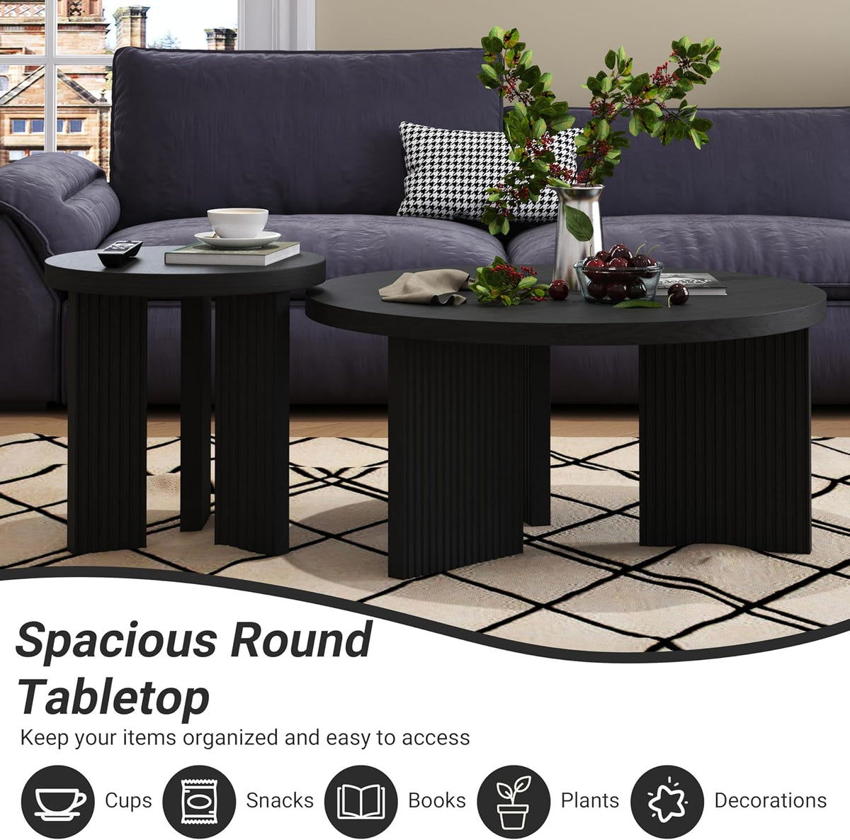 Nesting Coffee Table Set of 2, Modern Wooden Coffee Table with Smooth Thick Design, Circle Tea