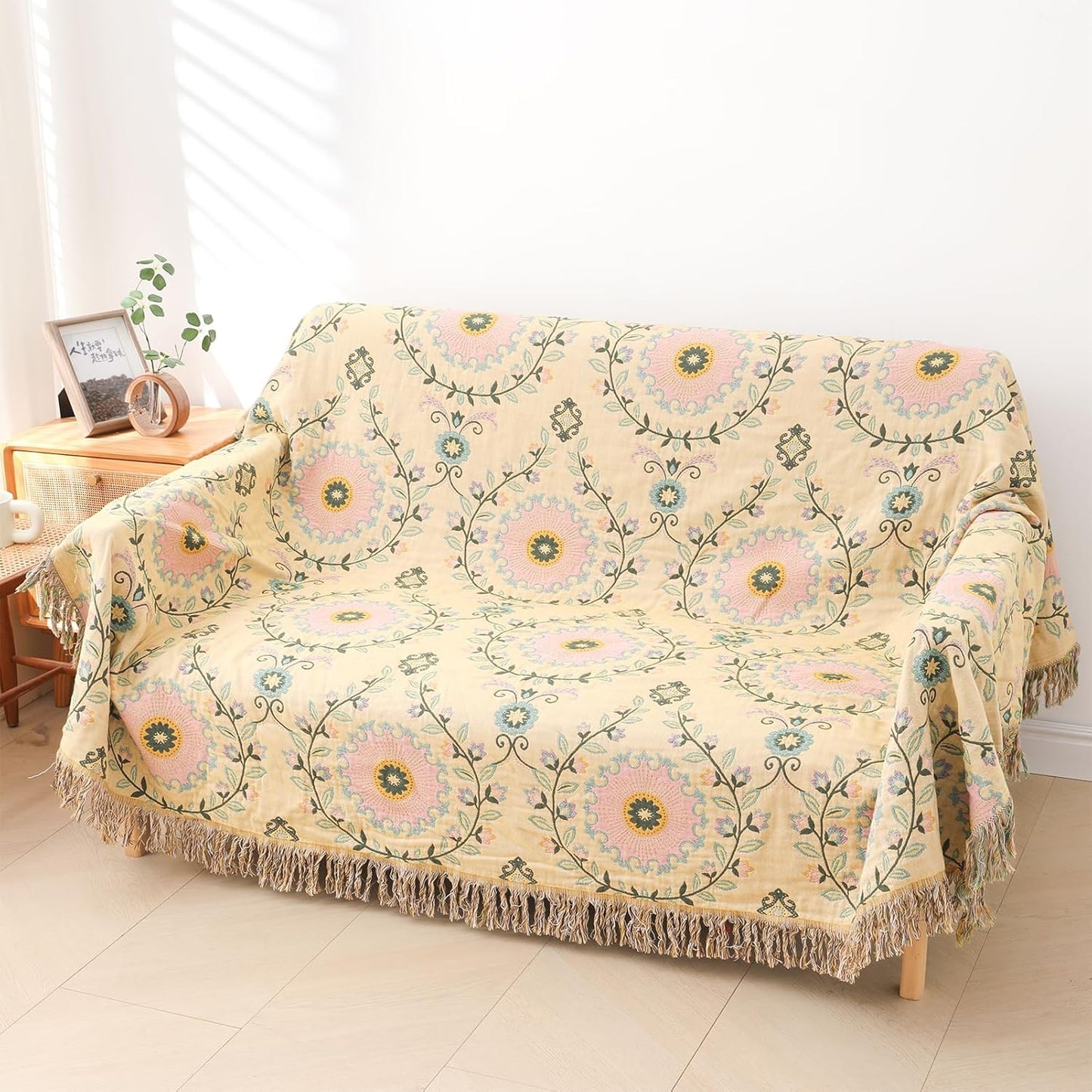 Snycler Boho Throw Blanket 60"x80" - 100% Cotton Ultra Soft Rustic Quilt, Green Floral Printed