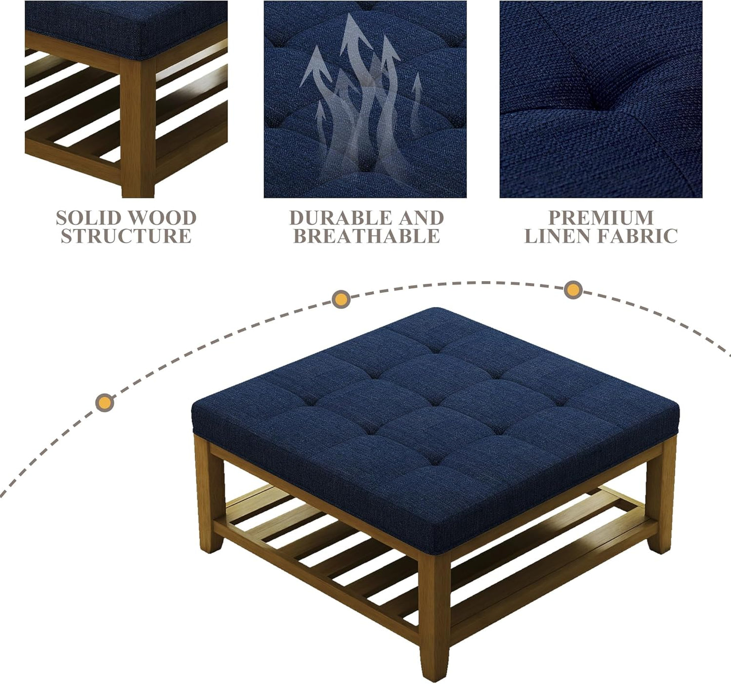 Large Square Ottoman Coffee Table, Linen Solid Upholstered Footrest Ottoman with Solid Wood Shelf