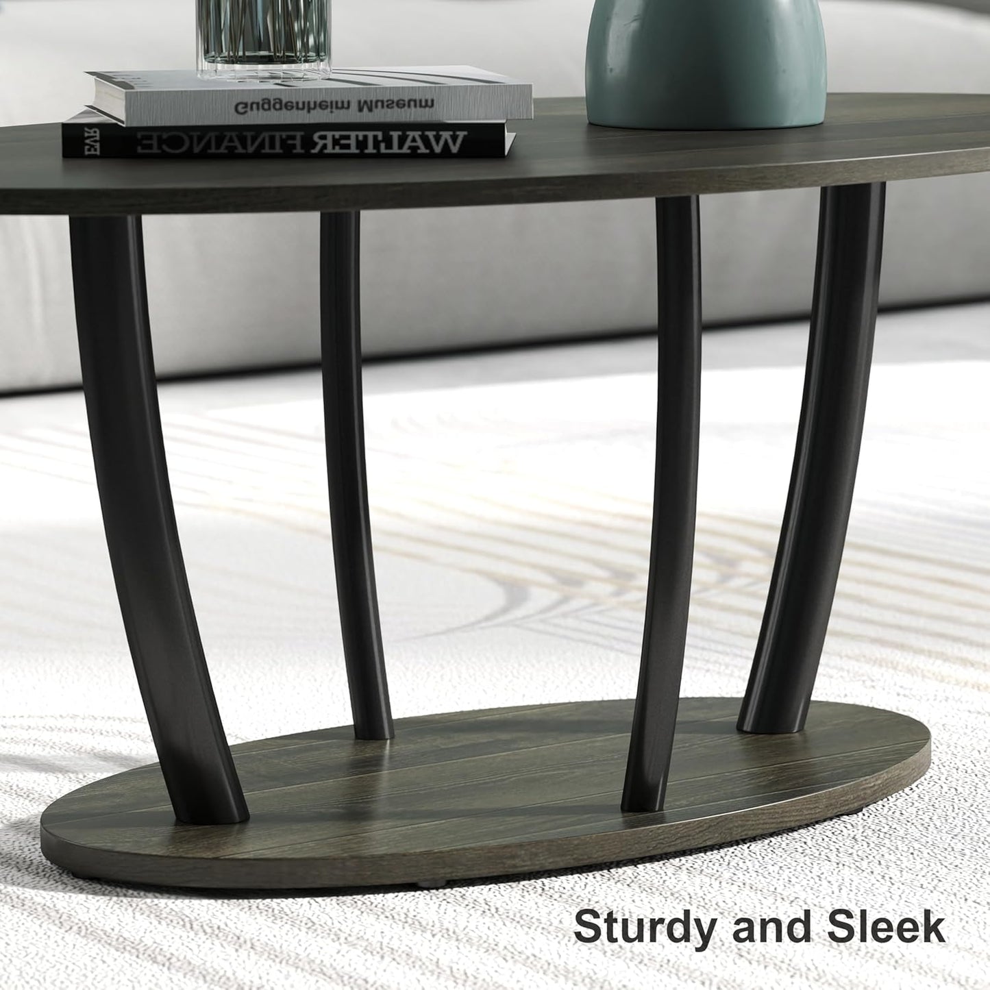 Manora Small Oval Coffee Table with Storage, Rustic Farmhouse Industrial Center Table for Living