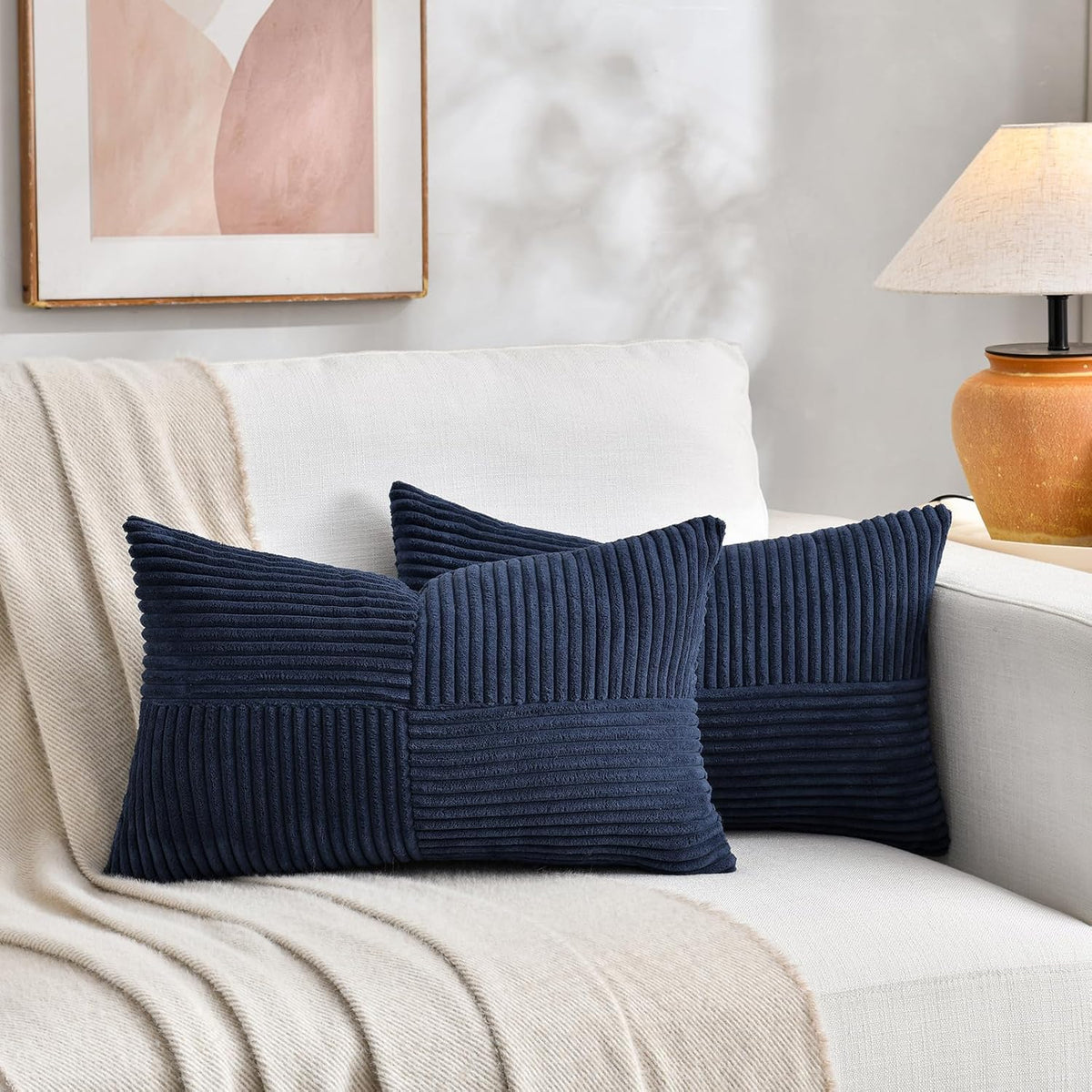 Fancy Homi 2 Packs Navy Blue Long Lumbar Decorative Throw Pillow Covers 12x24 Inch for Couch Bed