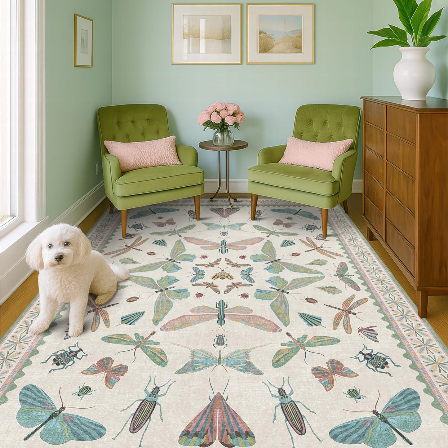 5x7 Pink and Green Nursery Rug - Colorful Rug for Bedroom, Living Room, Insect Butterfly Floral