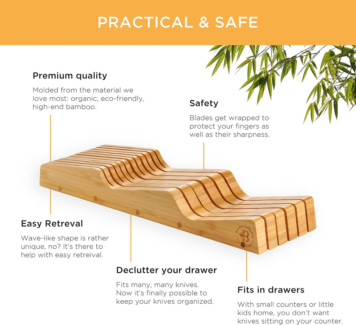 In-Drawer Knife Block - Bamboo Knife Drawer Organizer for Kitchen - Fits 5 Long + 6 Short Knives