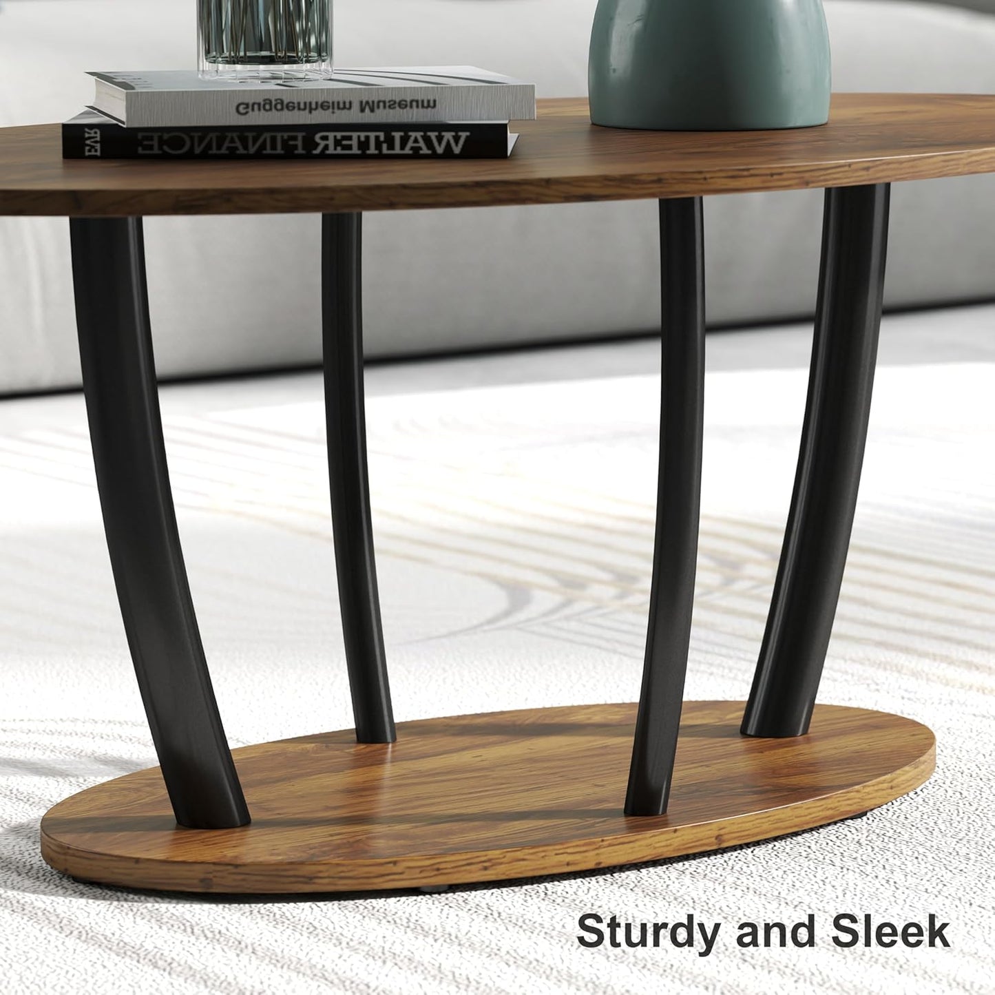 Manora Small Oval Coffee Table with Storage, Farmhouse Industrial Center Table for Living Room
