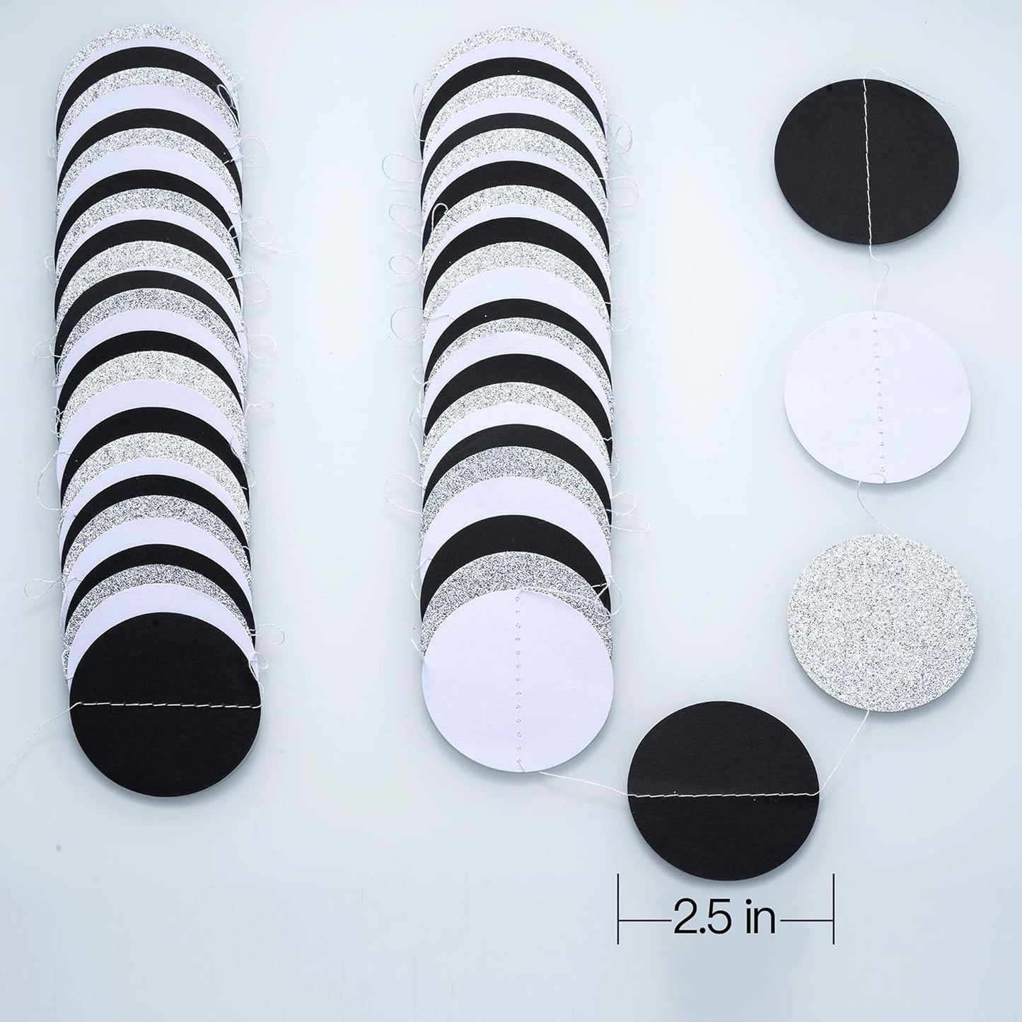 Black White Silver Glitter Paper Garland Circle Dot Streamer Banner for Graduation Bridal Shower