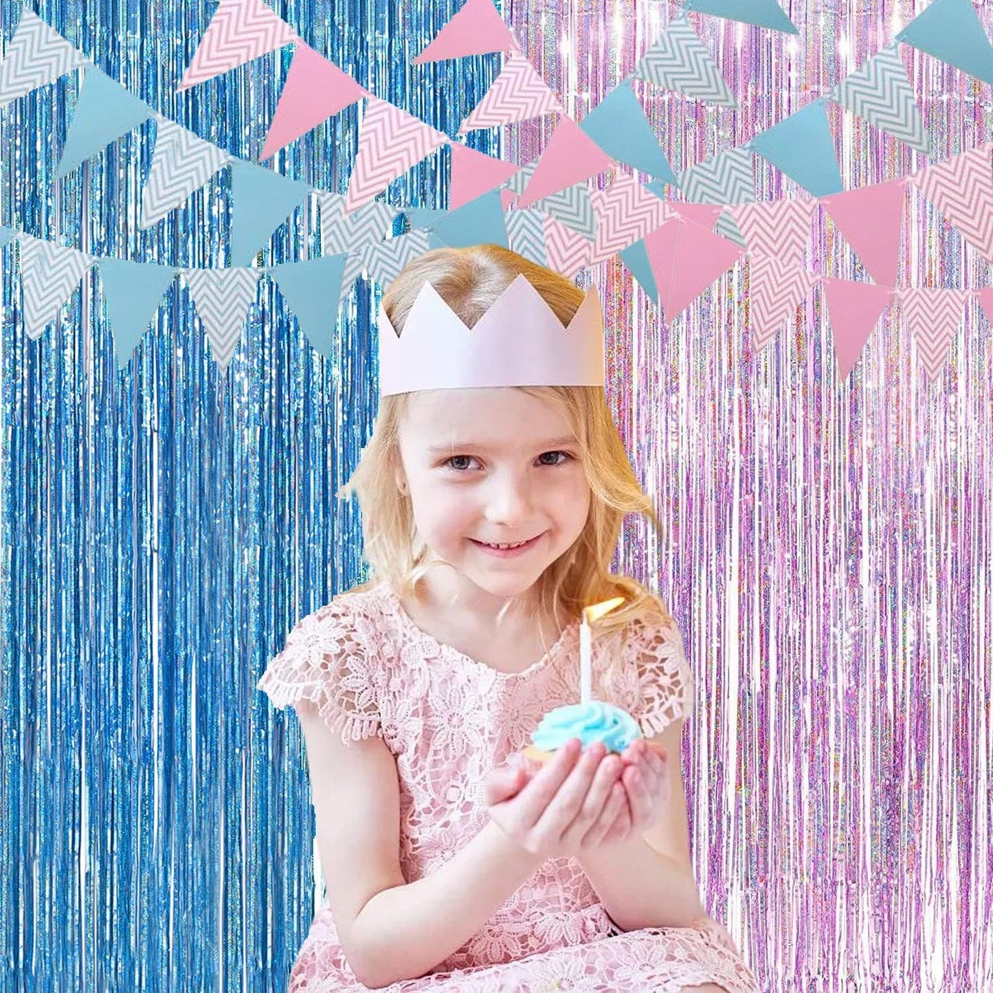 BRAVESHINE Pink Blue Tinsel Foil Fringe Curtains - 2Pcs 3.2x8.2ft Holidays Photo Streamers Backdrop