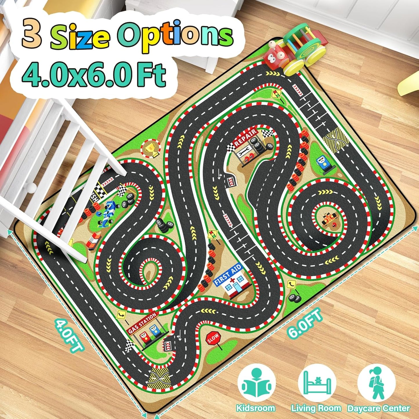 Kids Rug, Race Track Baby Play Mats, Realistic 3D Cascading Surround Route, 4x6 Ft Kids Rug for