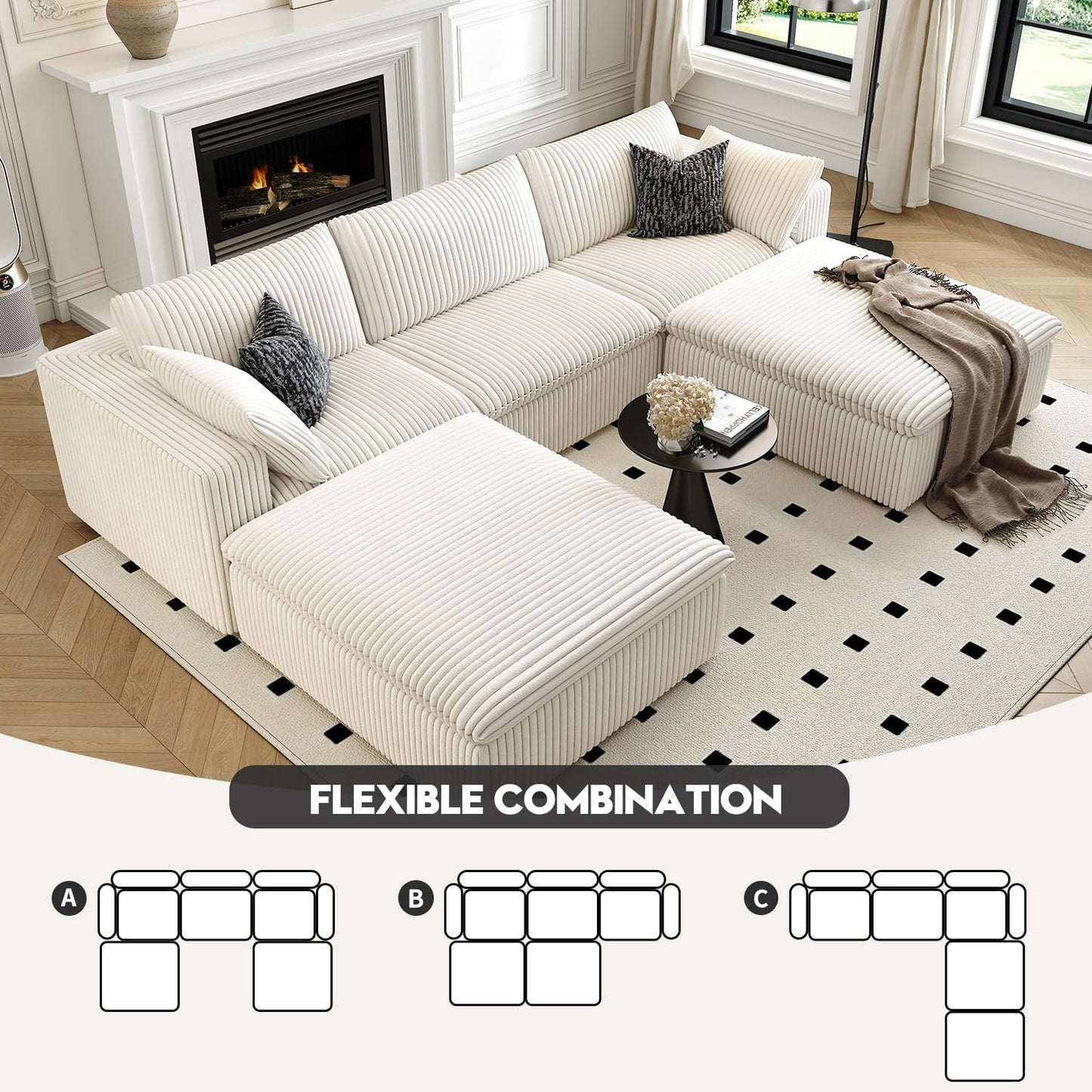 118" Cloud Couch Modular Sectional Sofa for Living Room,Modern Sofa with Deep Seat,U-Shape Boneless