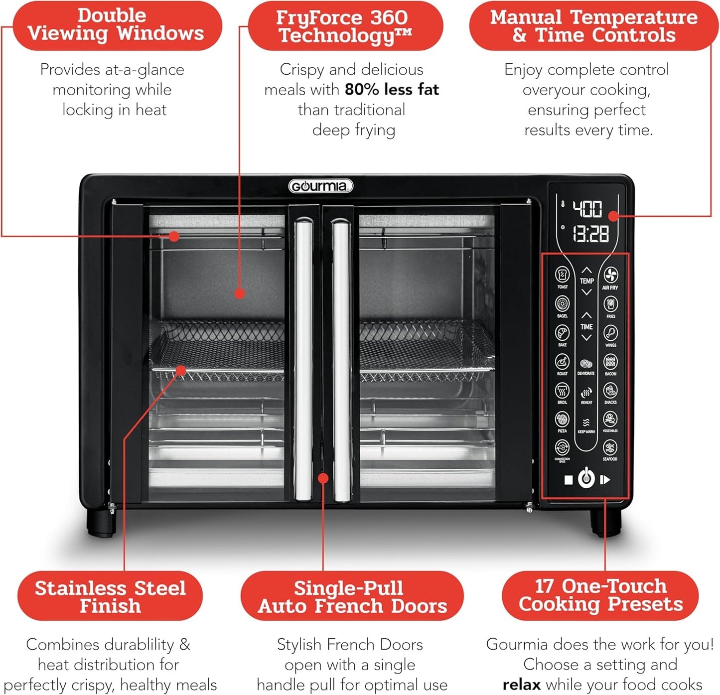 Gourmia Toaster Oven Air Fryer Combo 17 cooking presets 1700W french door digital air fryer oven