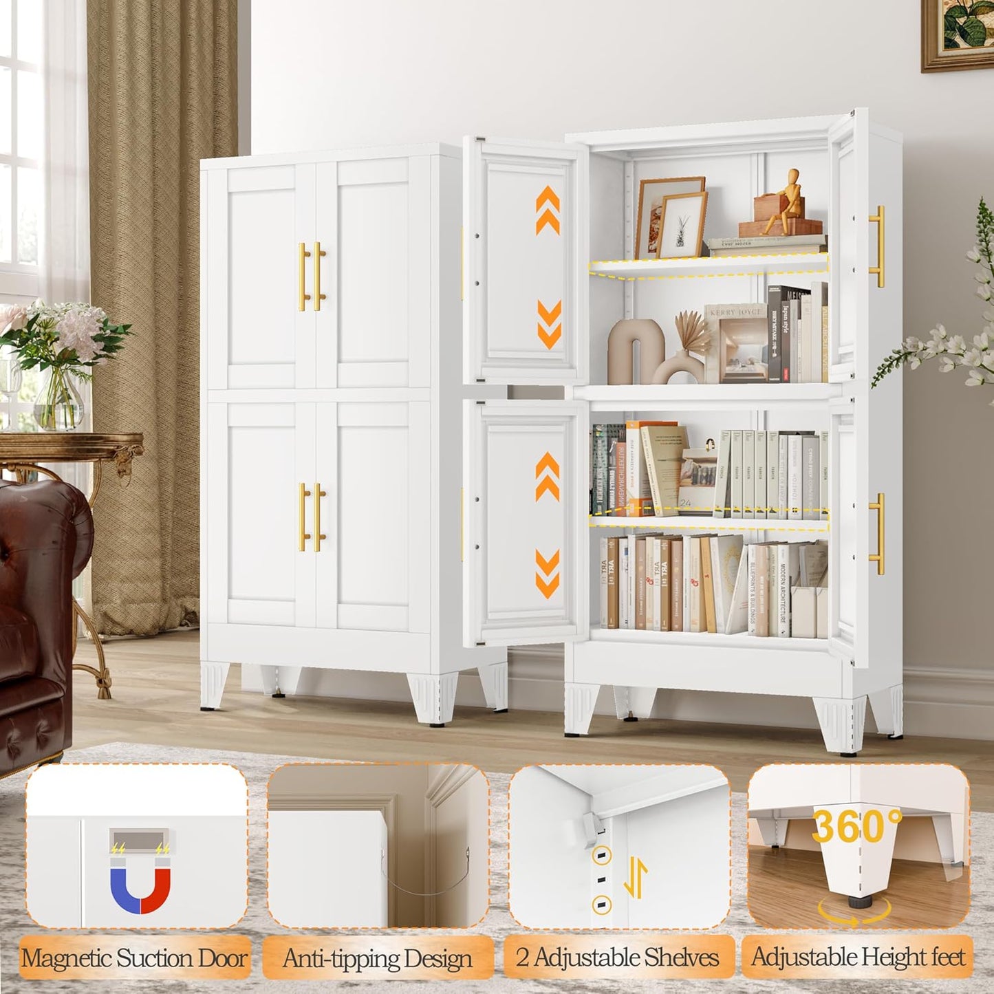 47.25" Metal Pantry Cabinet, Storage Cabinets with 4 Door and 2 Adjustable Shelves, White Bathroom