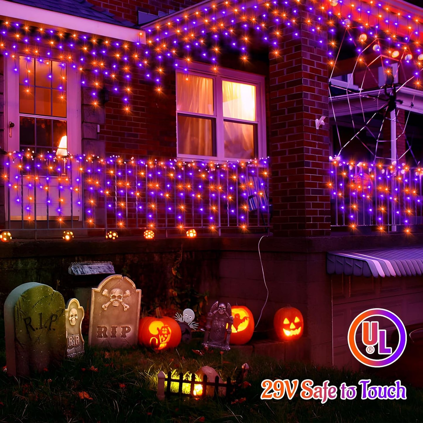 KNONEW 99FT 960 LED Orange Purple Halloween Lights Outdoor Black Wire String Lights with 180 Drops