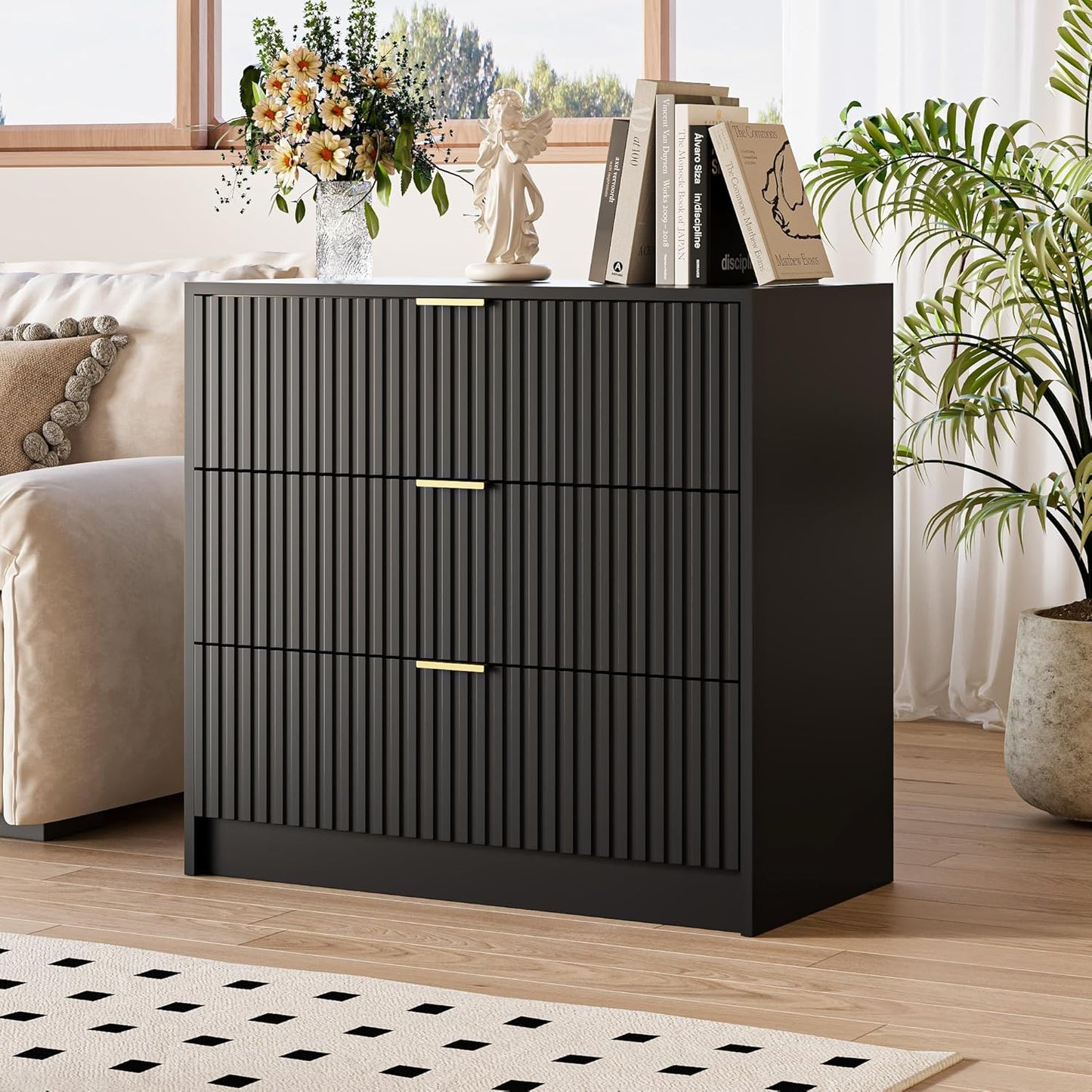 Black Fluted Dresser for Bedroom, 32 Inch Wide Nightstand with Large Drawer, 3 Drawer End Table for