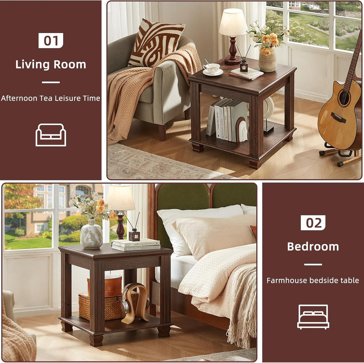 Farmhouse End Table Set of 2,Large Side Table with 2-Tier Storage Shelf,Rustic Brown End Tables for