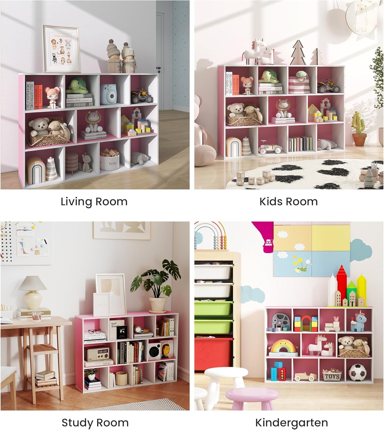 11-Cube Pink Kids Bookshelf and Toy Organizer – Wooden Storage Shelf for Girl’s Room and Nursery