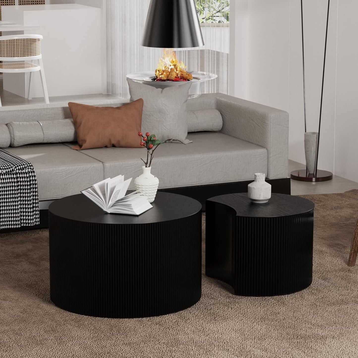 Round Nesting Coffee Table Black Round Fluted Coffee Table Set of 2 for Living Room Small Circle