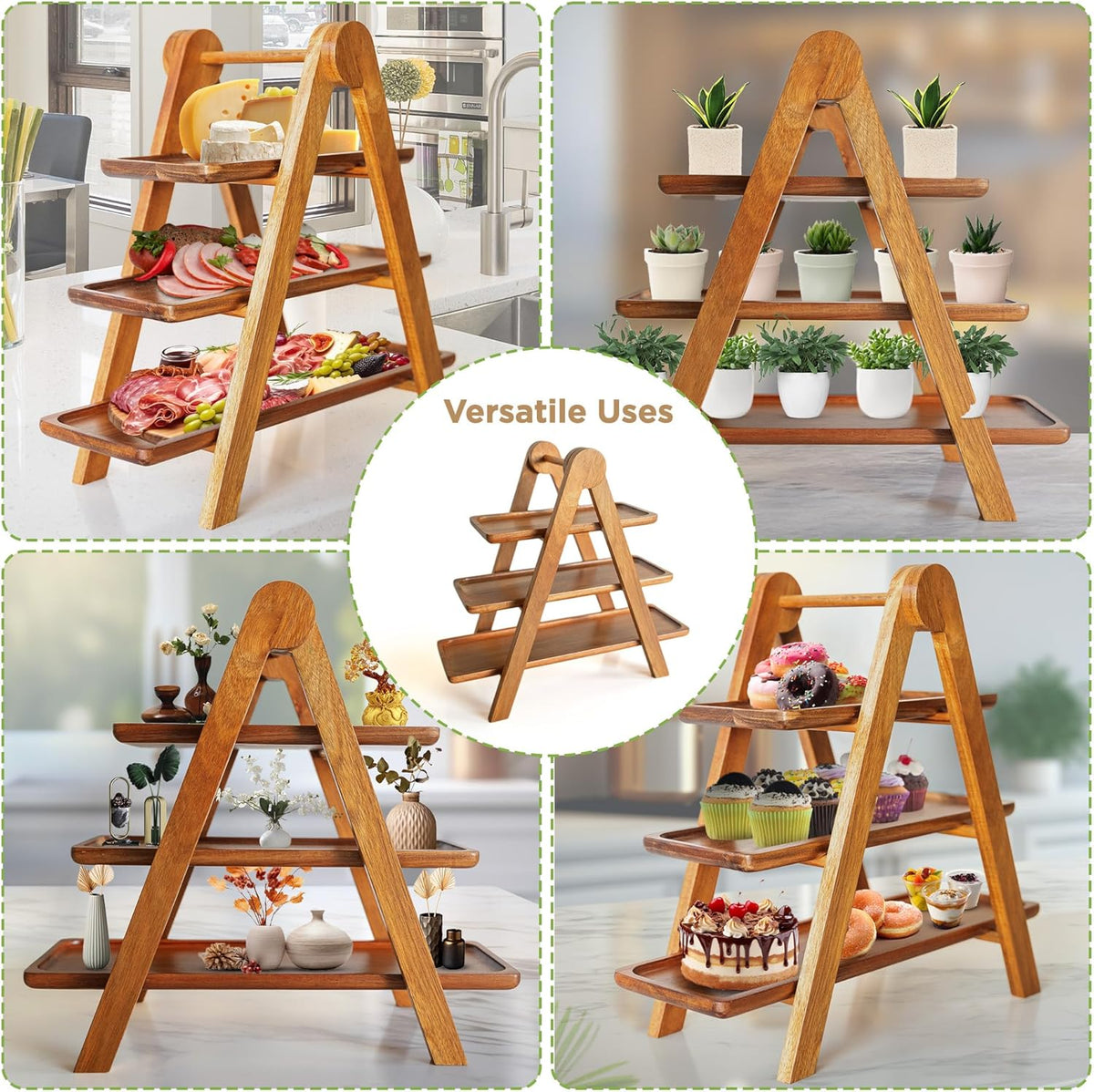MAJURI 3 Tier Wooden Serving Tray, Set of 2 Tongs Free, Tiered Serving Trays & Platters for Party