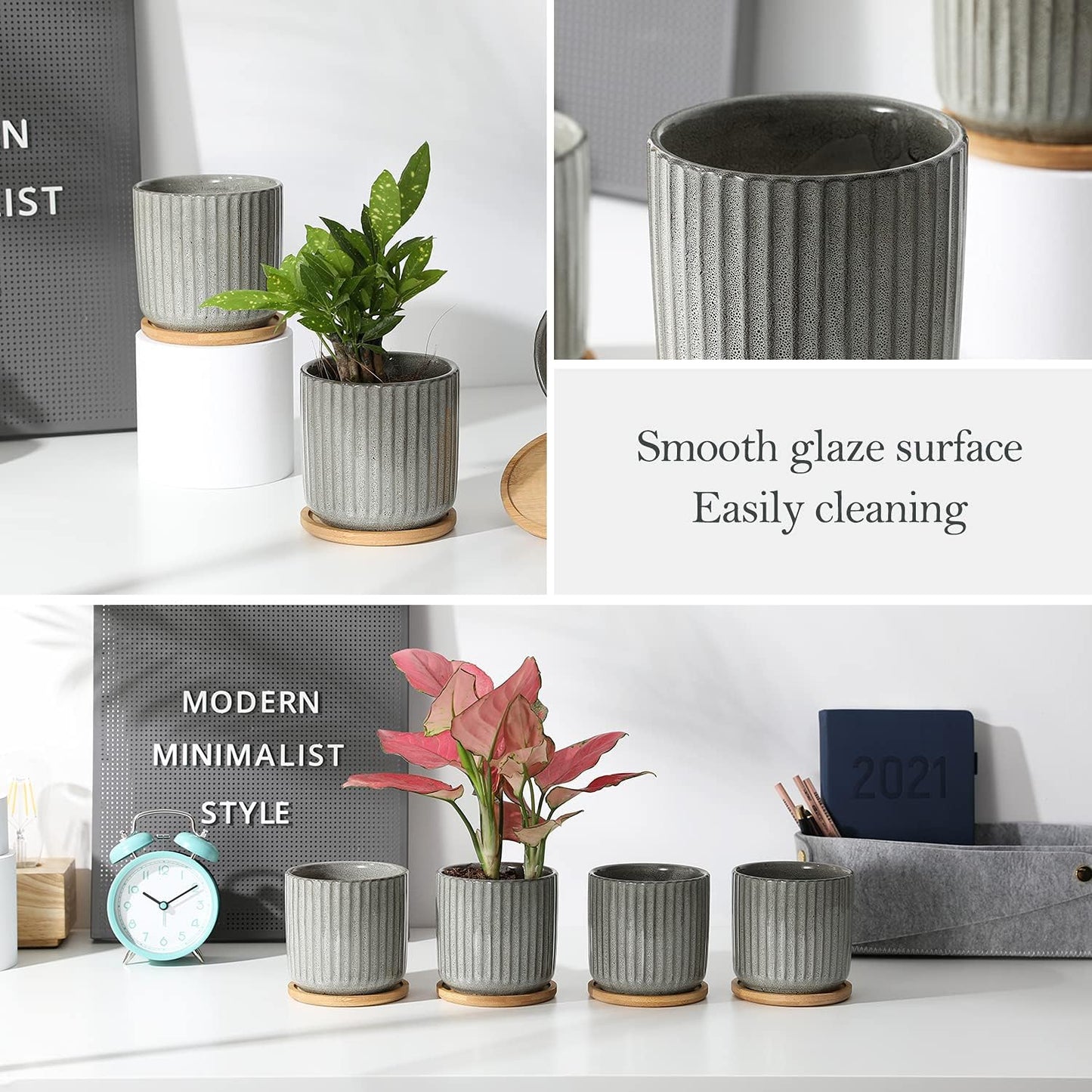 TAMAYKIM 4 Inch Cylinder Ceramic Plant Pots with Drainage Holes & Saucers, Glazed Green Grey Small