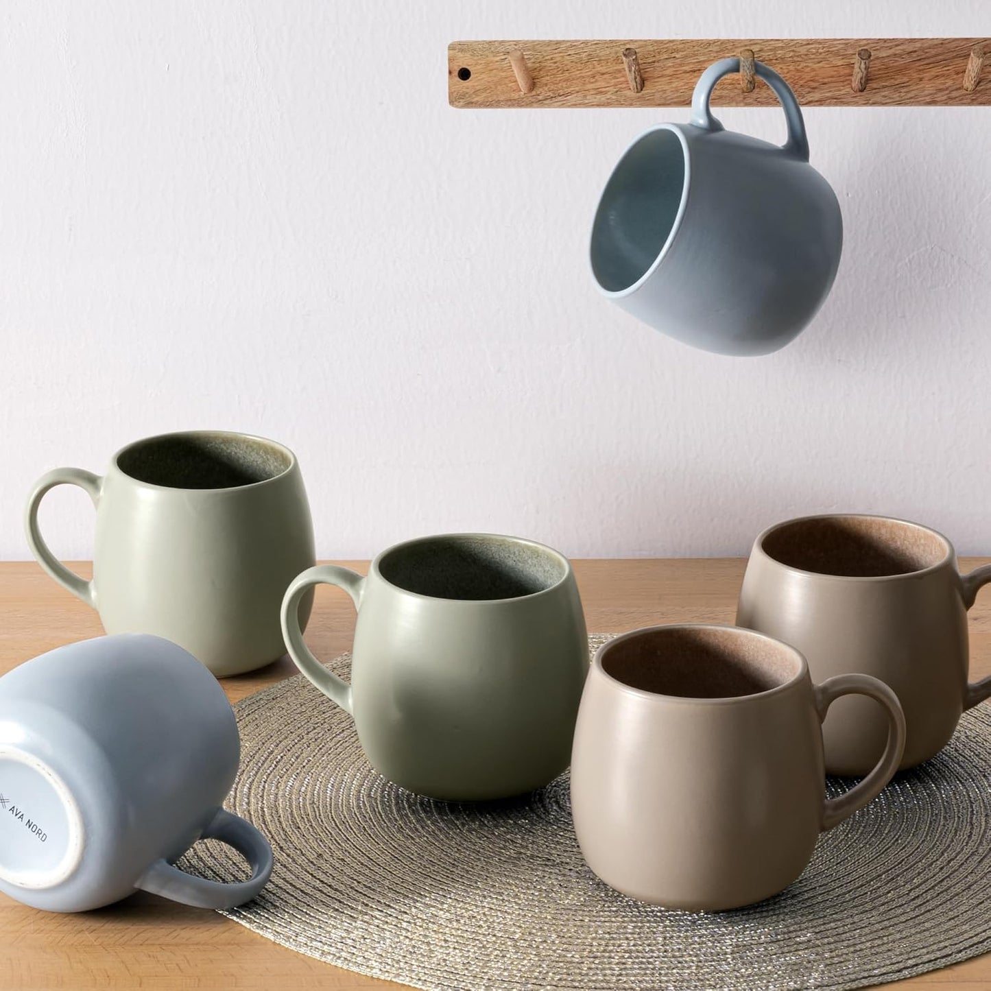 Ceramic Coffee Mugs Set of 6, 14oz - Modern Scandinavian Aesthetic - Microwavable Stoneware Coffee