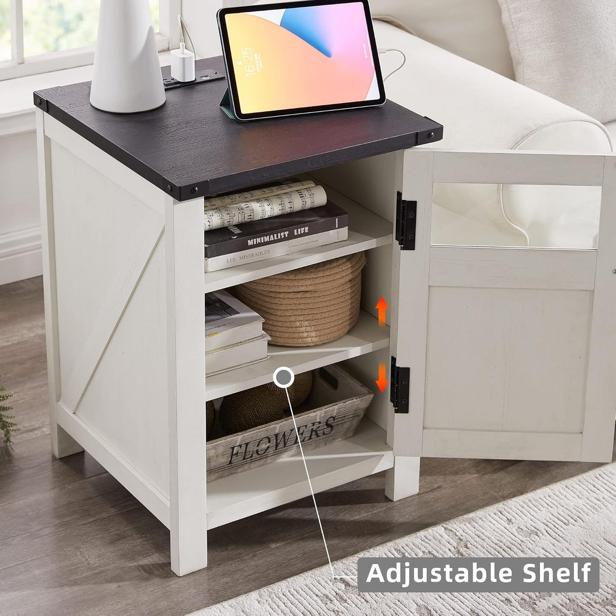 JXQTLINGMU Farmhouse End Table with Charging Station, 18'' Rustic Nightstand with Barn Door &