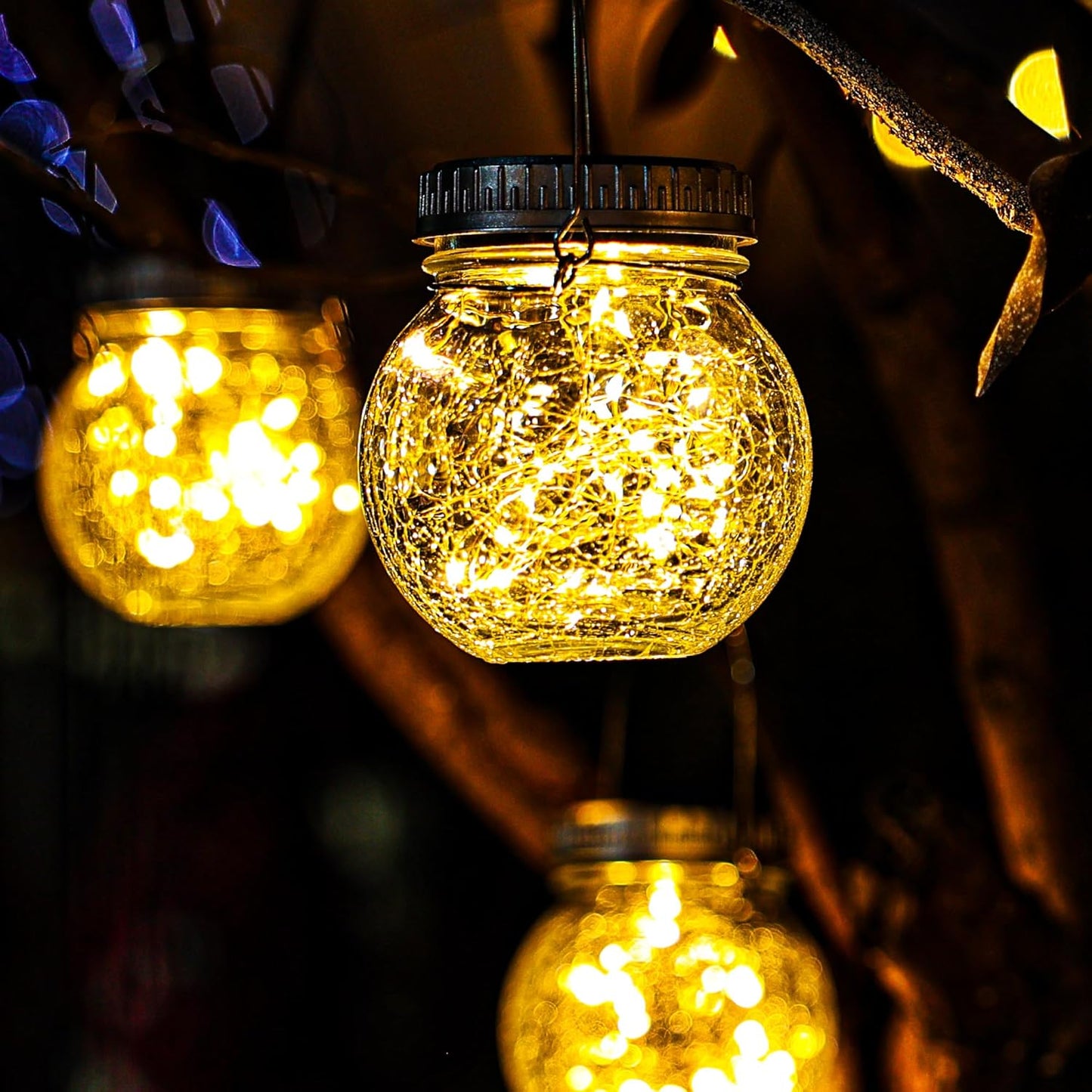 Cooo 2 Pack Crackle Glass Solar Lantern with 30 LED Firefly Lights– Waterproof Outdoor Hanging Lamp